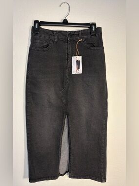NWT Washed Black Denim Maxi Skirt with Front Slit S Western Boho Edgy